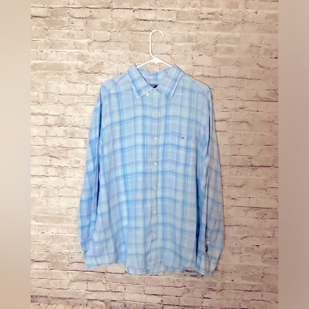 Vinegar Vines Tucker classic fit blue plaid linen button down shirt